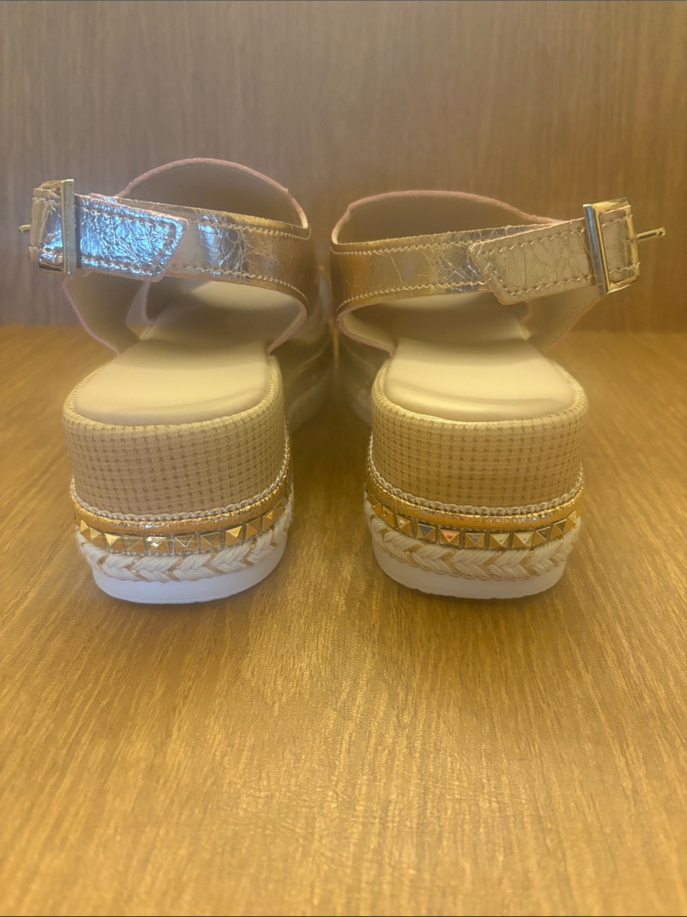 Metallic Gold Platform Espadrille Sandals - Women's Open-Toe Wedge - Picture 2 of 4